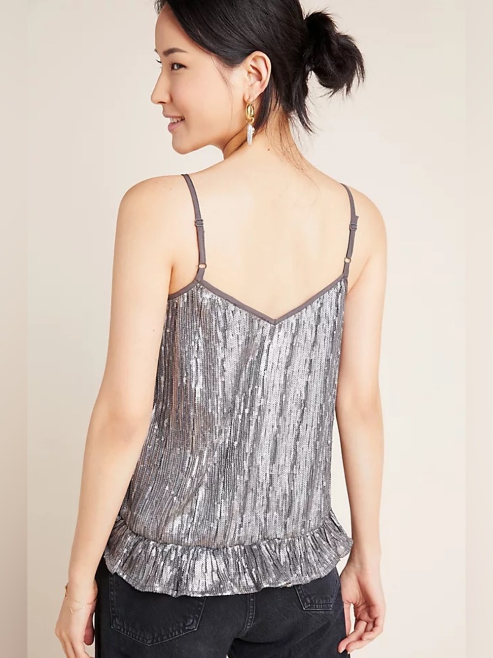 NWT ANTHROPOLOGIE Amelie Sequin Camisole - Gunmetal with Ruffled Hem - Picture 3 of 12